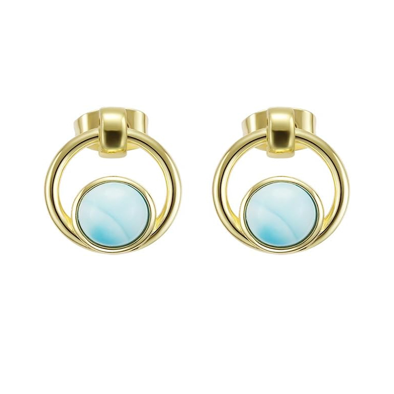 Gold Plated Sterling Silver Earrings with Blue Opal Round Studs - Modern Circle Drop Earrings for Women, Minimalist Geometric Dangle Jewelry