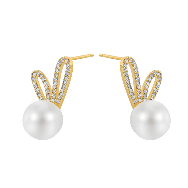 Gold Plated Bunny Ear Pearl Stud Earrings