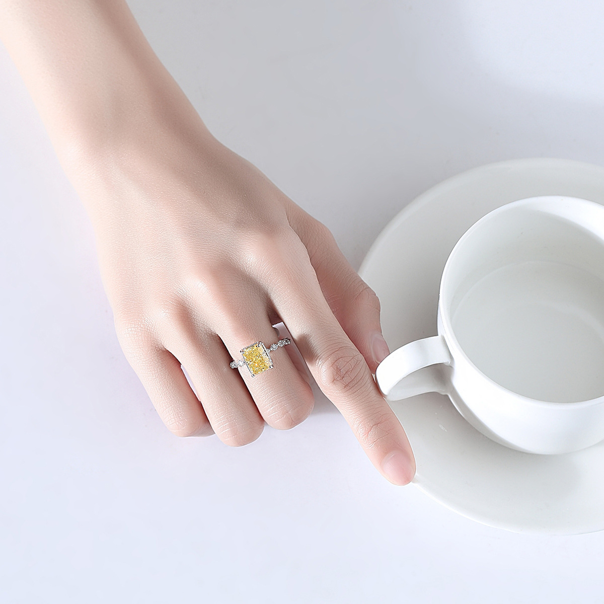 Sterling Silver Emerald Cut Yellow Gemstone Ring, 925 Silver Vintage Flower Halo Promise Ring, Dainty Cocktail Engagement Ring for Women