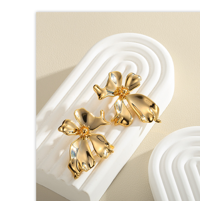 Heavy Metal Flower Earrings - Textured Gold Plated Copper Sculptural Studs for Women