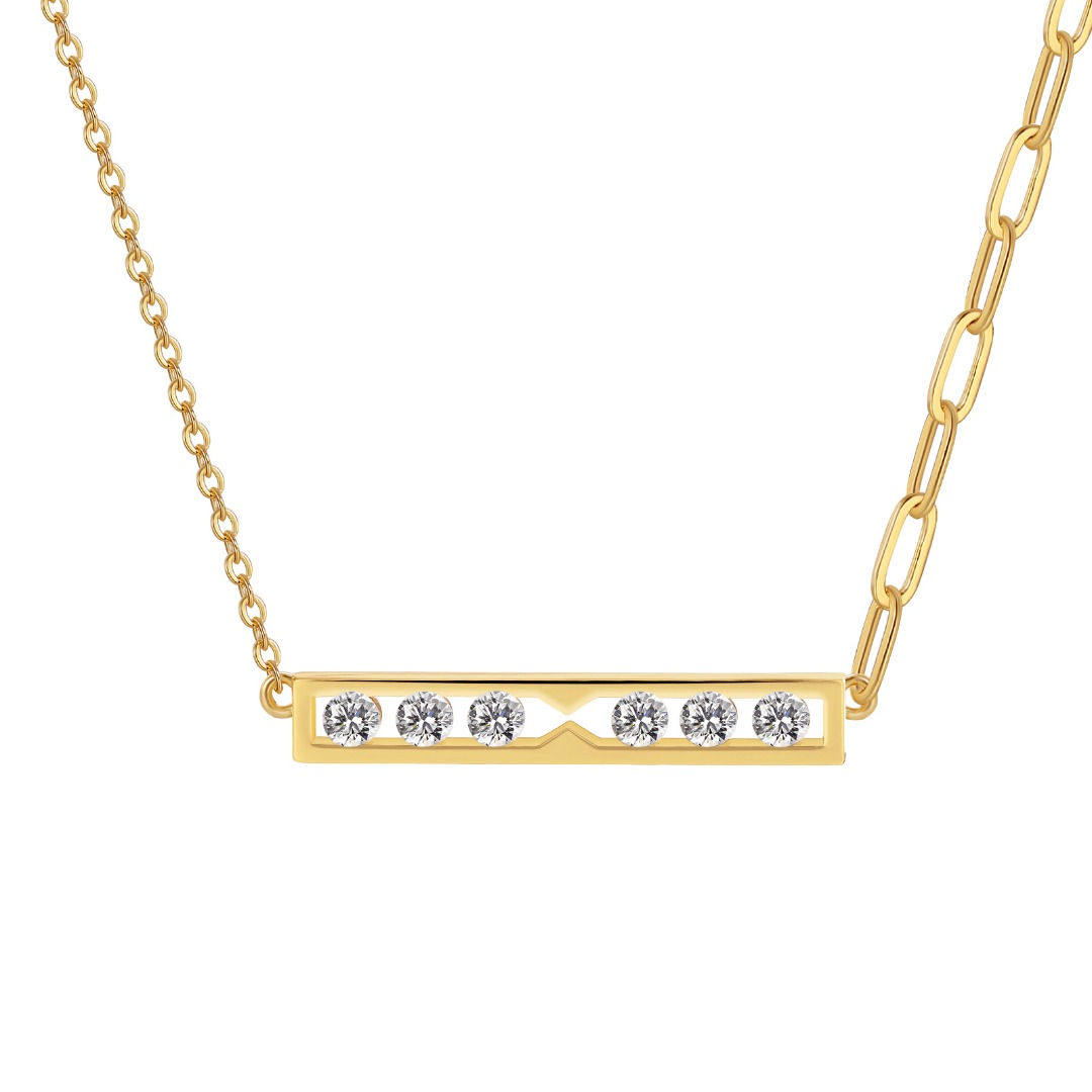 Two-Tone Gold Bar Necklace with Six Clustered Diamonds - Minimalist Mixed Metal Design