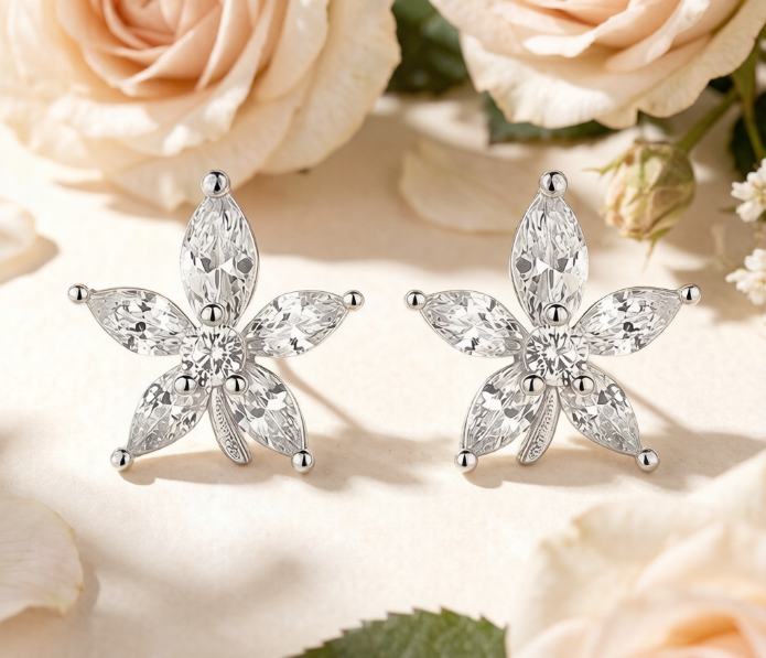 Sterling Silver Marquise Cut Flower Stud Earrings with Cubic Zirconia