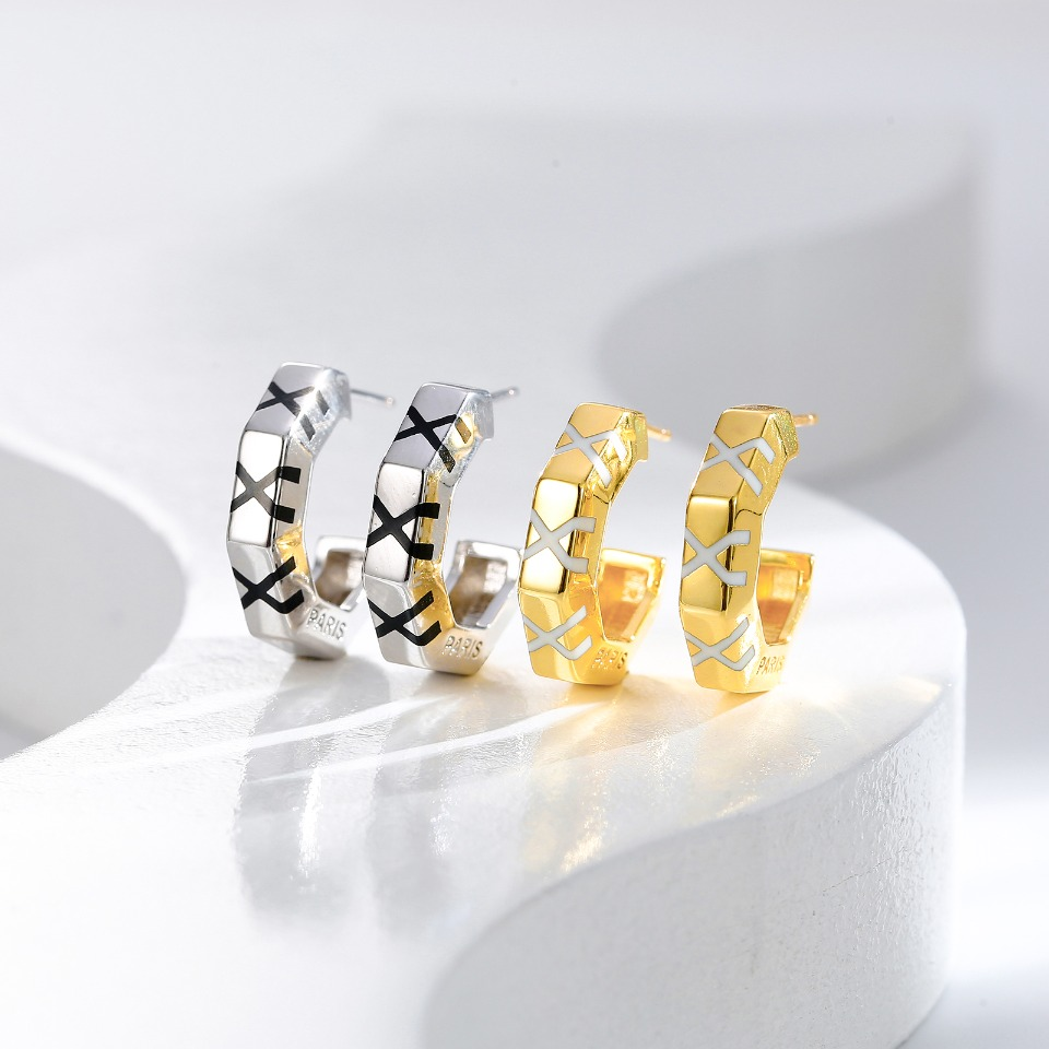 Gold-Tone Hoop Earrings with White X-Pattern