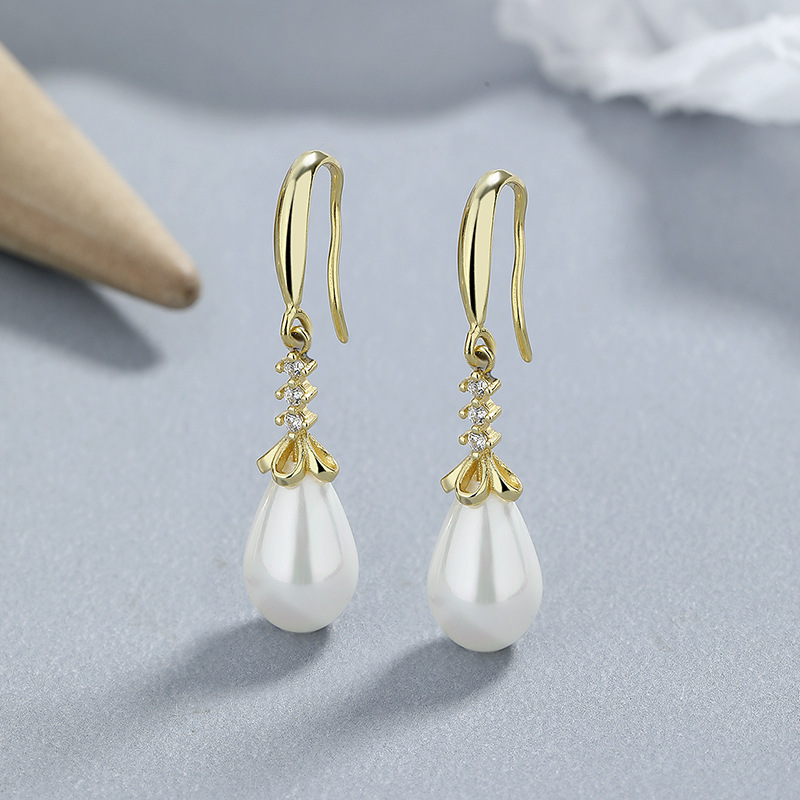 S925 Sterling Silver Teardrop Pearl CZ Chandelier Drop Earrings