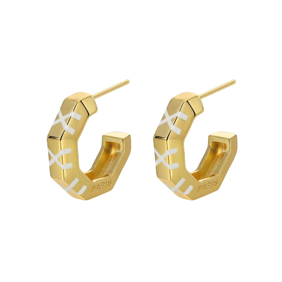 Gold-Tone Hoop Earrings with White X-Pattern