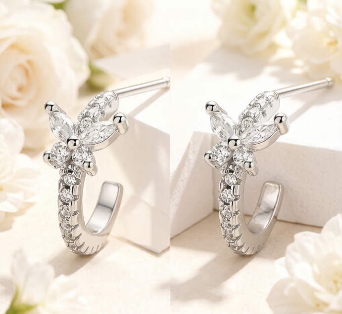Sterling Silver CZ Butterfly Huggie Hoop Earrings