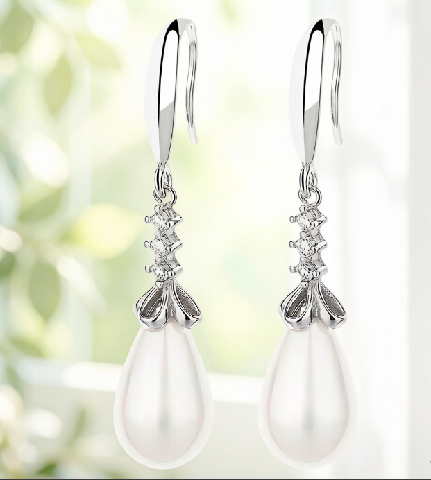 S925 Sterling Silver Teardrop Pearl CZ Chandelier Drop Earrings