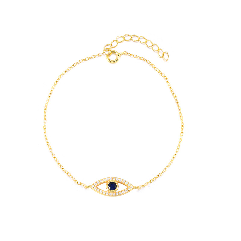 Gold Plated Evil Eye Bracelet with Sapphire Blue Center and Zirconia