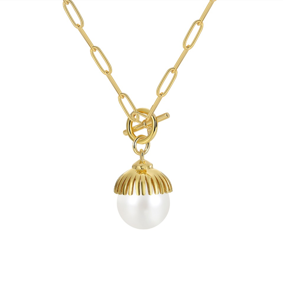 Gold-Plated Beaded Cap Pearl Pendant Necklace with Toggle Clasp