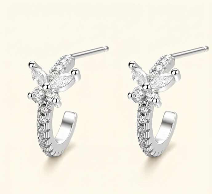 Sterling Silver CZ Butterfly Huggie Hoop Earrings