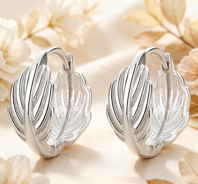 Elegant 925 Sterling Silver Textured Feather Hoop Earrings