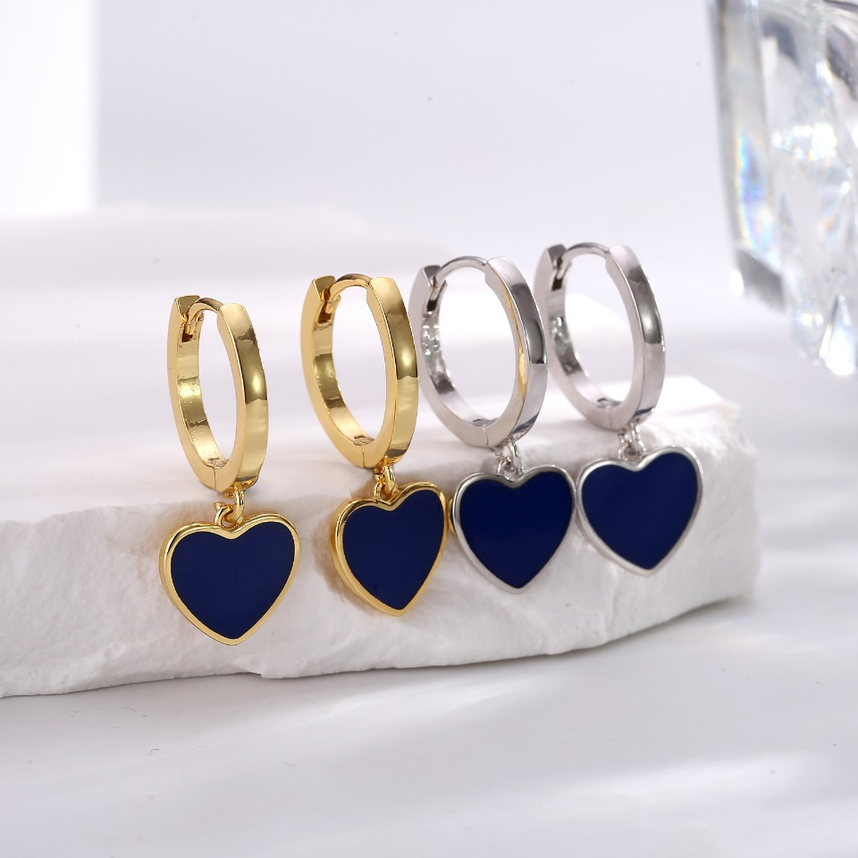 Gold-Tone Heart Drop Hoop Earrings with Blue Enamel Finish