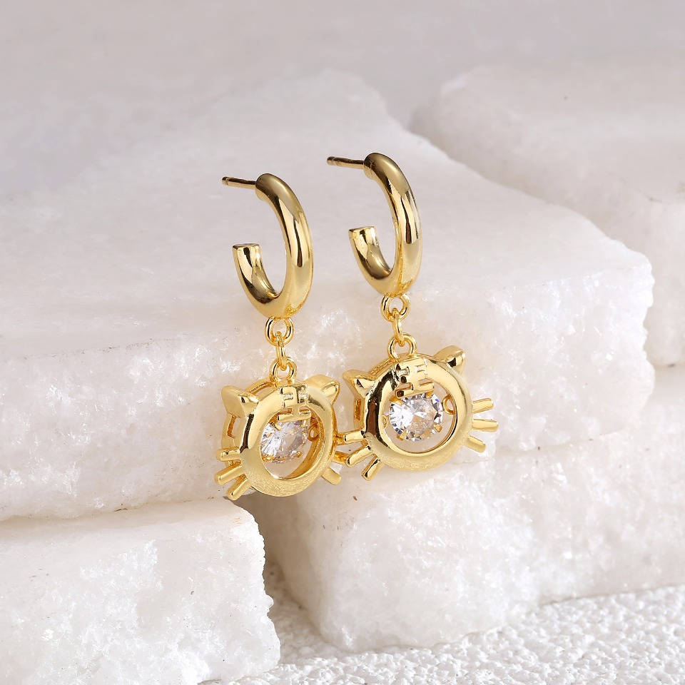 Gold - Toned Cat - Face Drop Earrings with Cubic Zirconia Accent