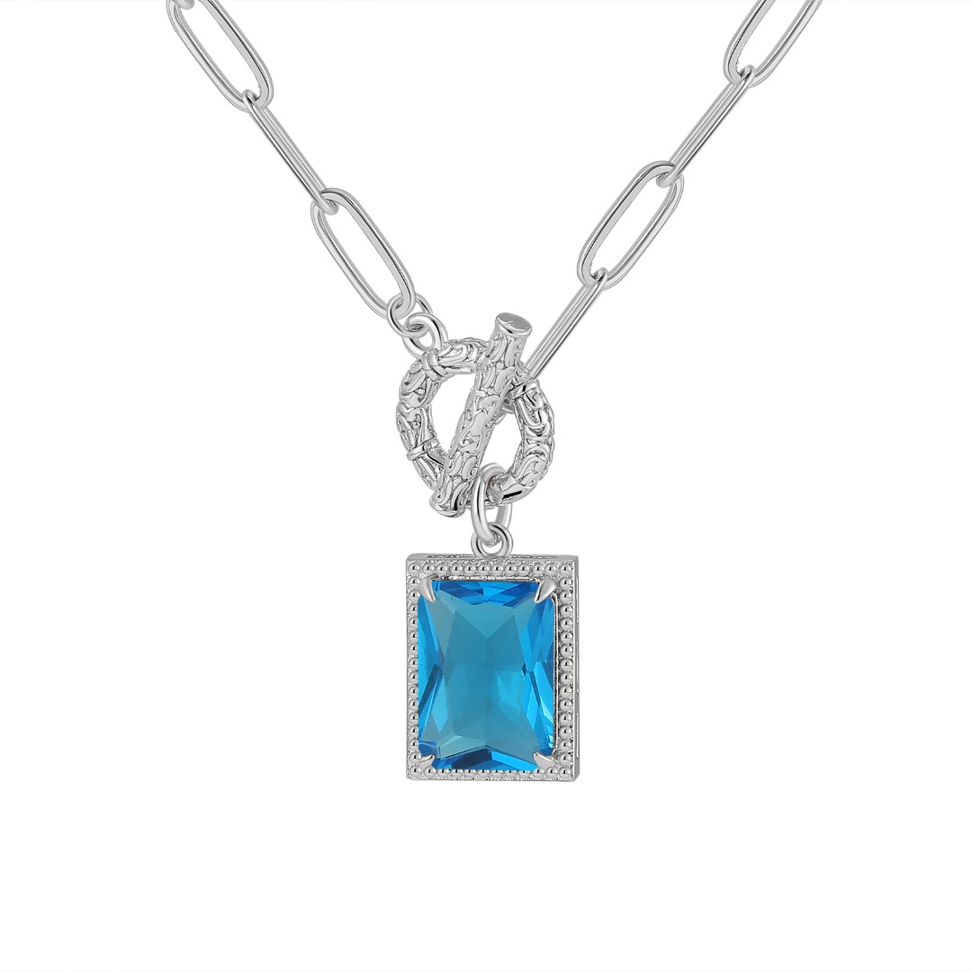 Blue Rectangular Gemstone Pendant Necklace with Textured Metal Loop
