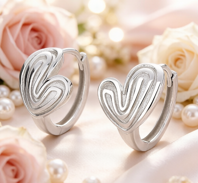 S925 Sterling Silver Textured Open Heart Huggie Hoop Earrings