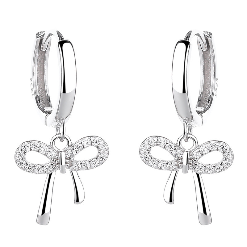 Elegant 925 Sterling Silver Bowknot Drop Earrings with Micro Pave Cubic Zirconia