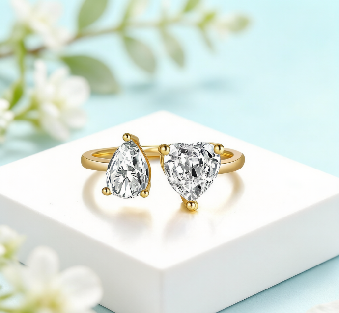 Gold Plated Pear and Heart Cut Toi et Moi Ring
