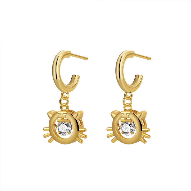 Gold - Toned Cat - Face Drop Earrings with Cubic Zirconia Accent