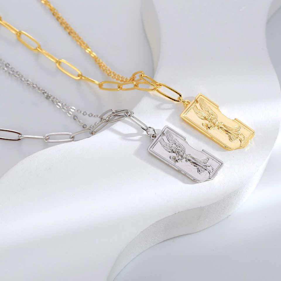 Gold-Plated Guardian Angel Pendant Necklace on Figaro Chain