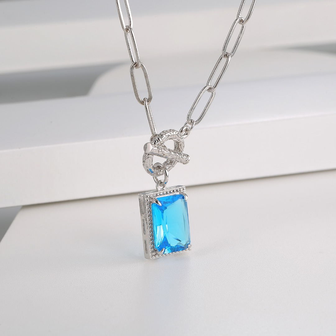 Blue Rectangular Gemstone Pendant Necklace with Textured Metal Loop