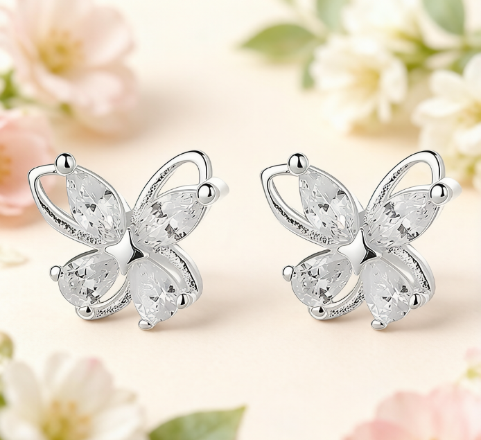 Sterling Silver Marquise Cut Cubic Zirconia Butterfly Stud Earrings