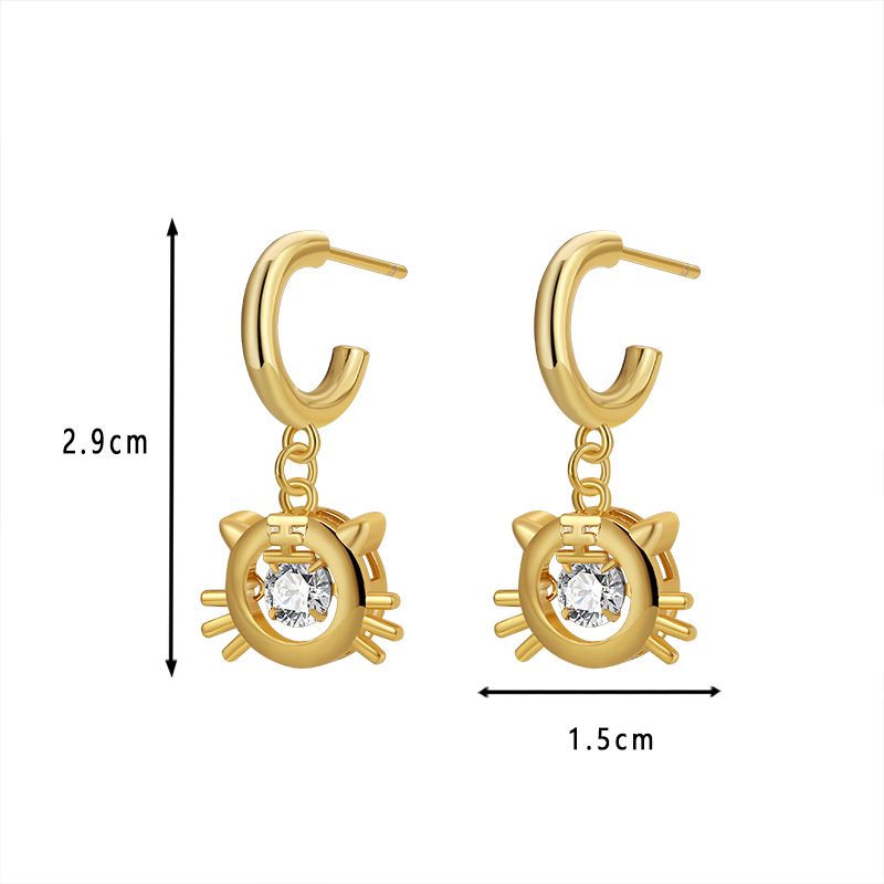 Gold - Toned Cat - Face Drop Earrings with Cubic Zirconia Accent