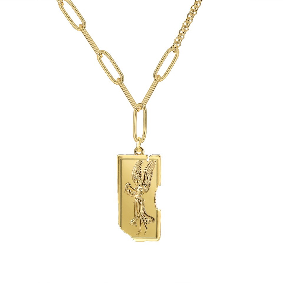Gold-Plated Guardian Angel Pendant Necklace on Figaro Chain