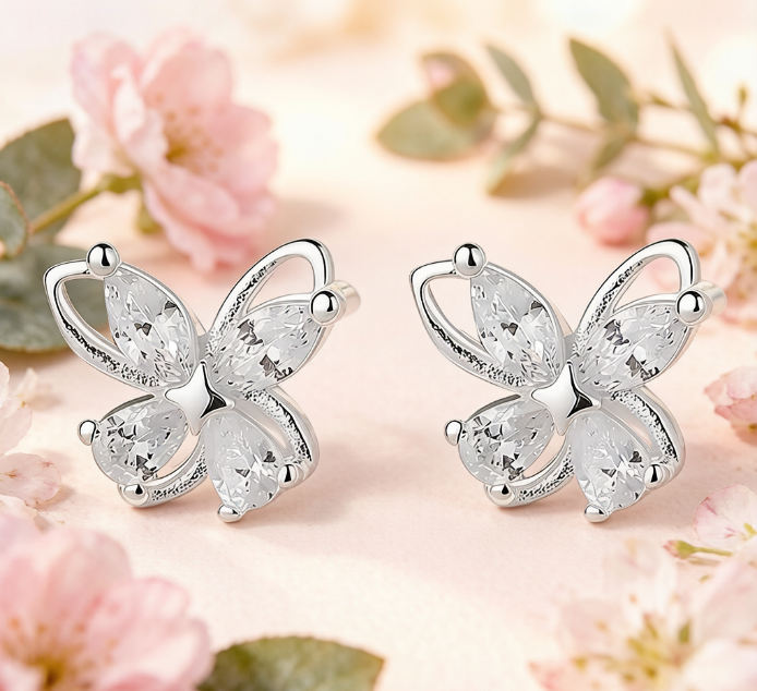 Sterling Silver Marquise Cut Cubic Zirconia Butterfly Stud Earrings