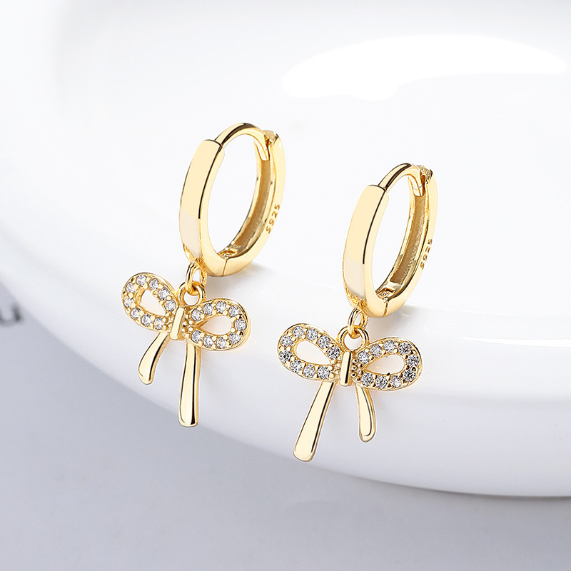 Elegant 925 Sterling Silver Bowknot Drop Earrings with Micro Pave Cubic Zirconia