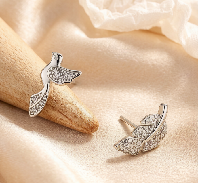 Dainty Bird and Leaf with Micro-Pavé Zirconia