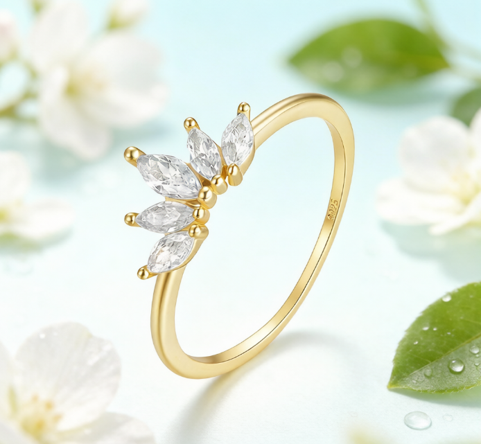 Gold Plated Marquise Cut Crown Cluster Ring