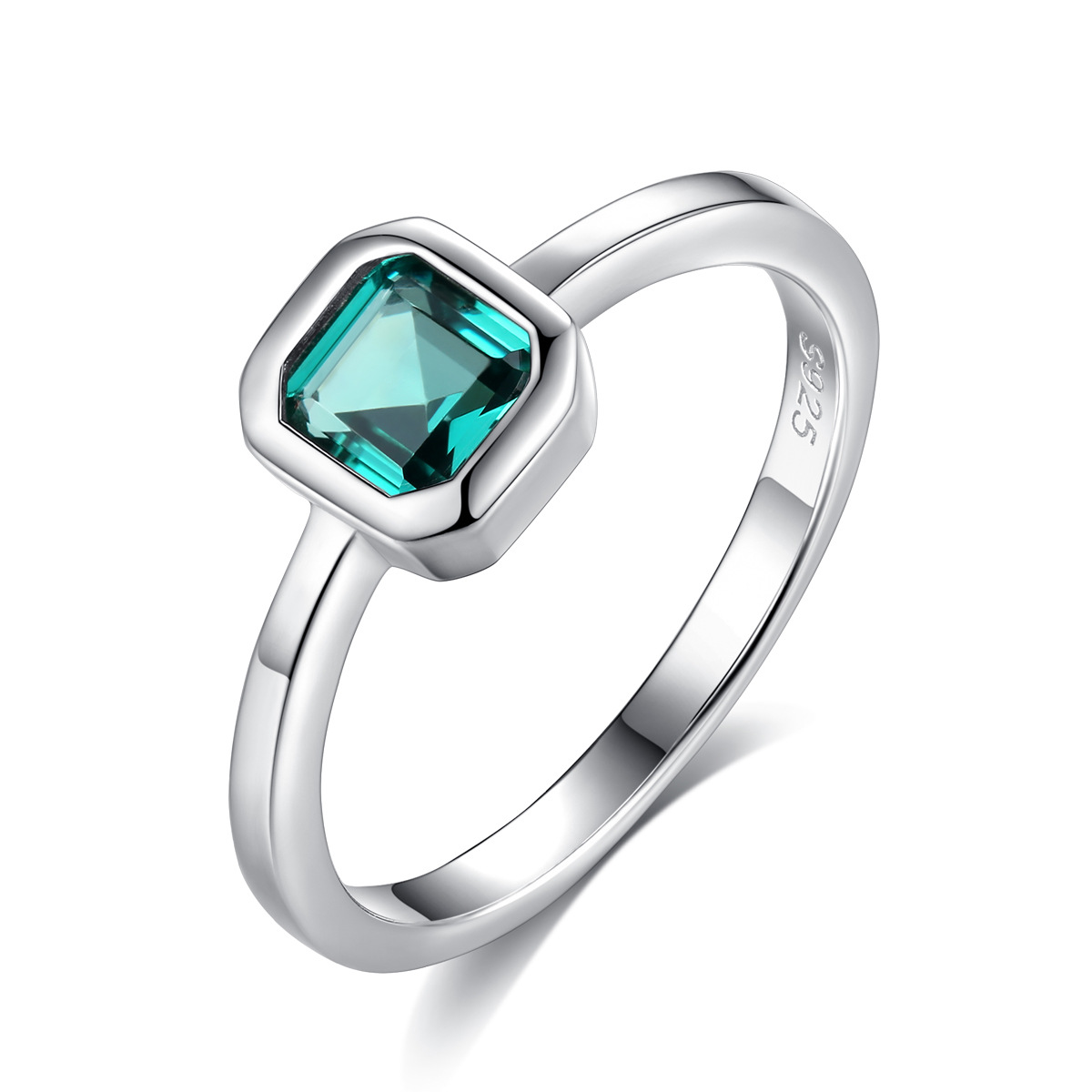 S925 Sterling Silver Princess-Cut Teal Blue Solitaire Ring with Square Bezel Setting