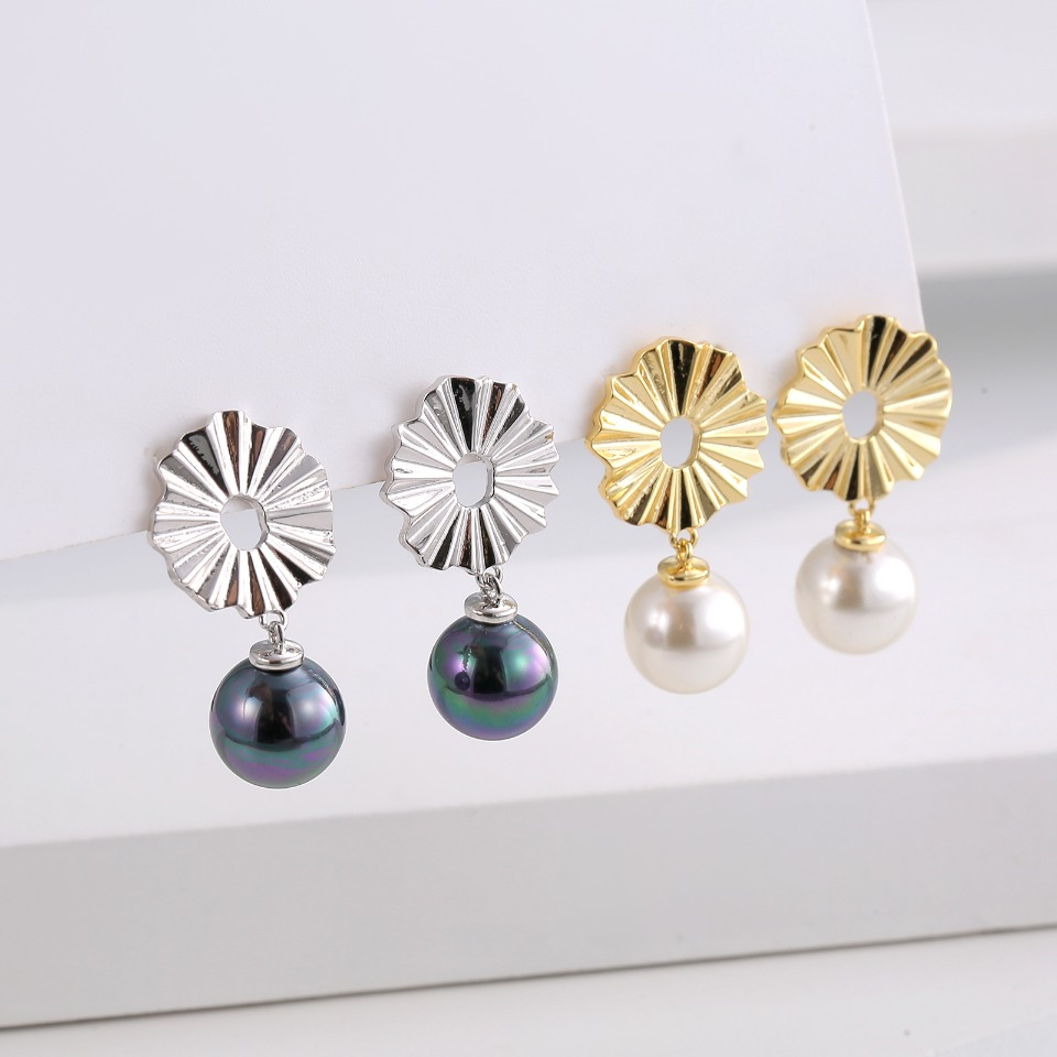 Gold - Toned Fan - Shaped Stud Earrings with Pearl Drop