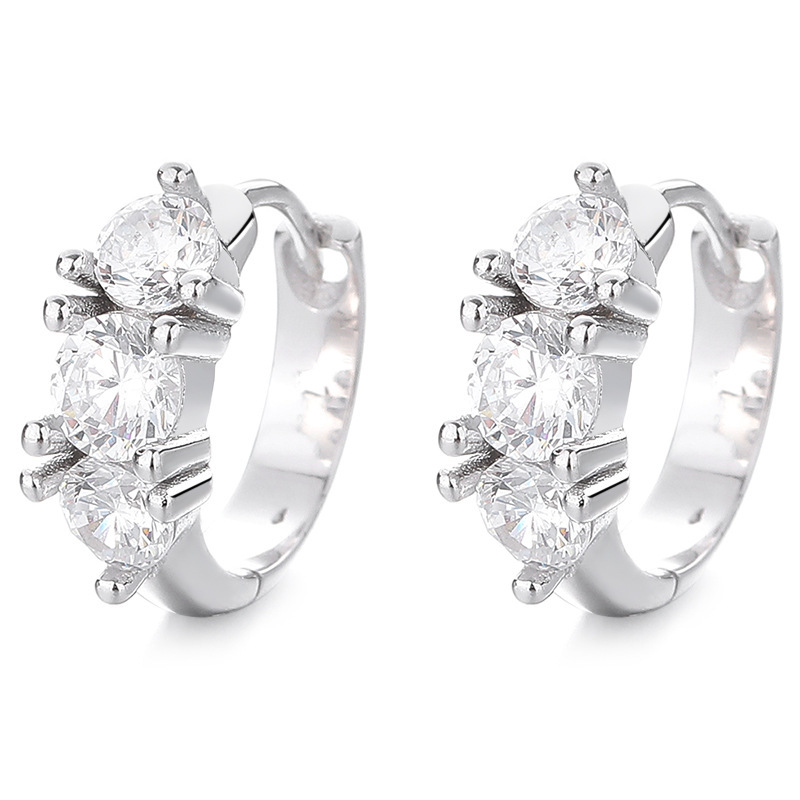 Elegant 925 Sterling Silver Triple Stone Huggie Hoop Earrings