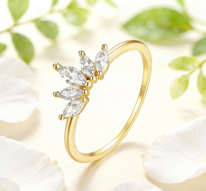 Gold Plated Marquise Cut Crown Cluster Ring