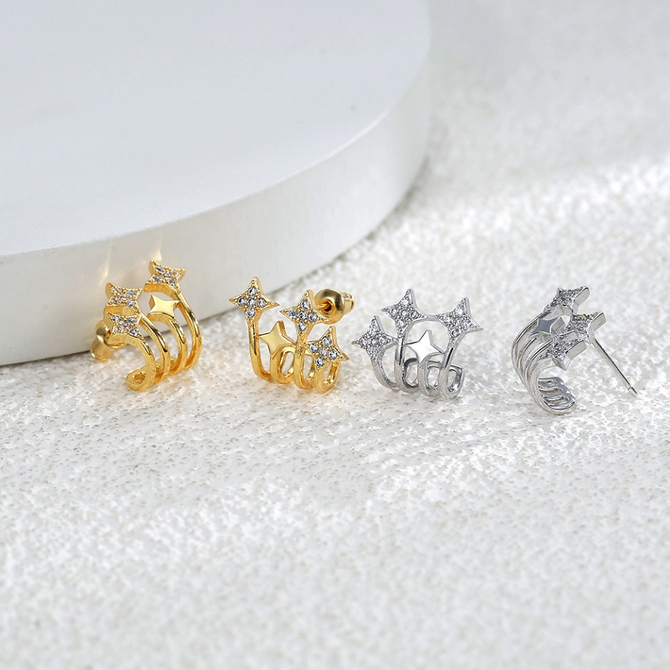 Gold Plated Star & Curved Line Stud Earrings