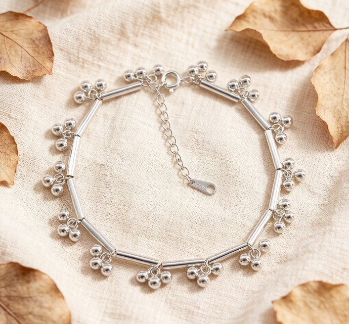 Copper Alloy Beaded Chain Bracelet with Dangling Cluster Charms and Adjustable Clasp
