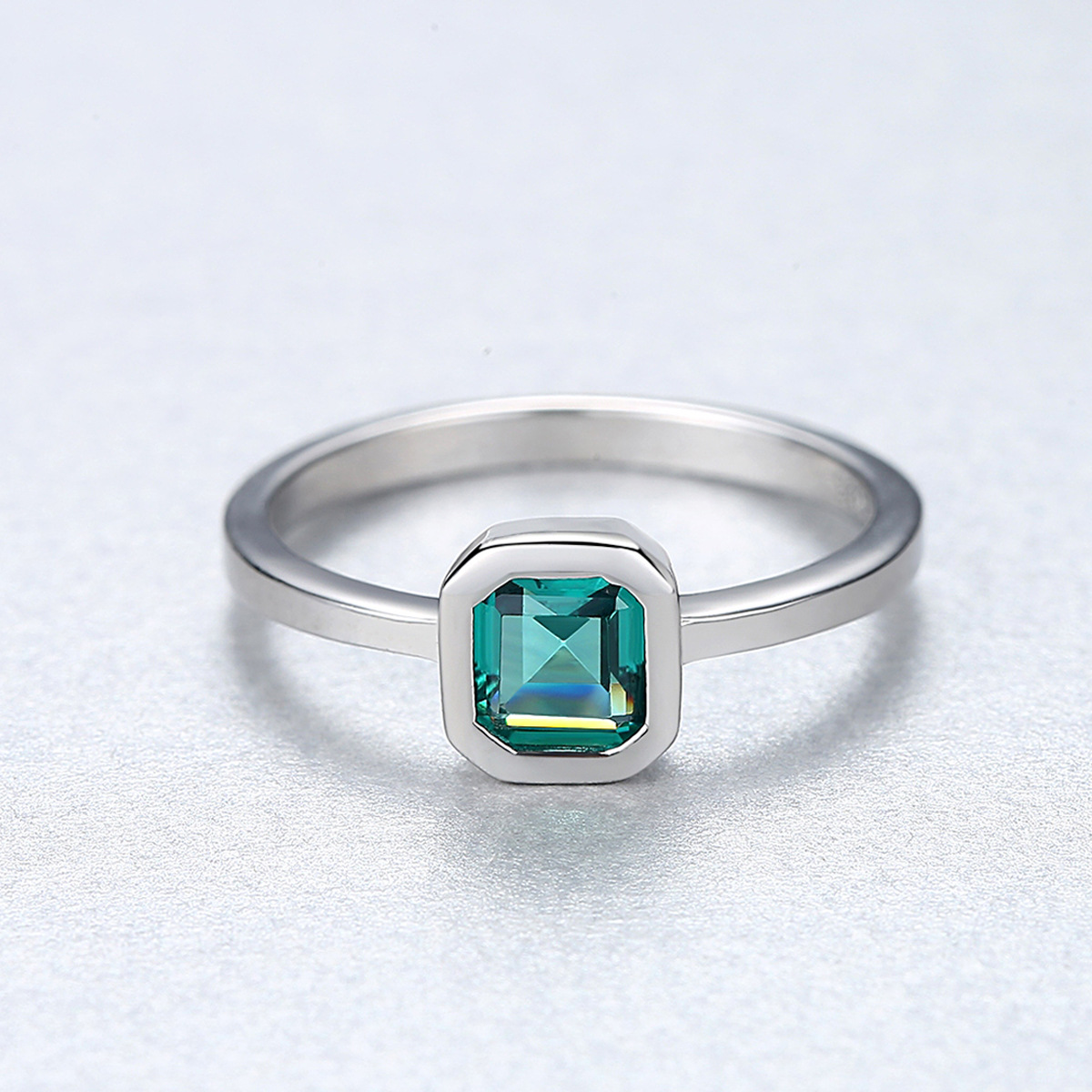 S925 Sterling Silver Princess-Cut Teal Blue Solitaire Ring with Square Bezel Setting