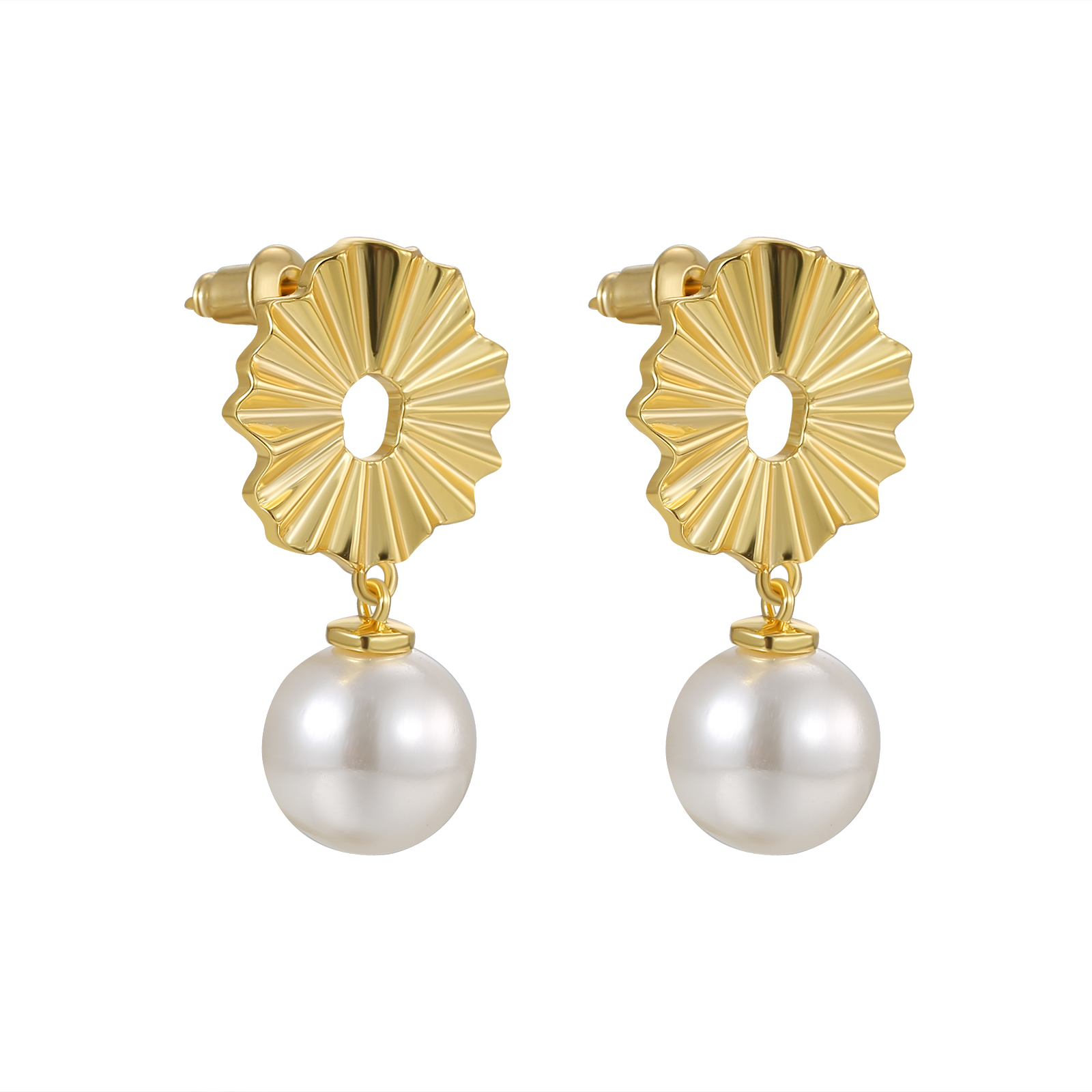 Gold - Toned Fan - Shaped Stud Earrings with Pearl Drop