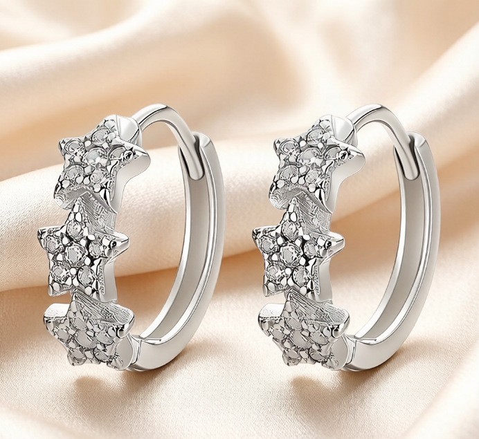Sterling Silver Pavé Set Star Huggie Hoop Earrings