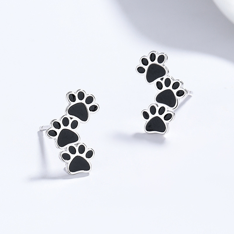 S925 Sterling Silver Enamel Pet Paw Print Half-Hoop Earrings