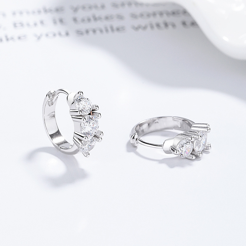 Elegant 925 Sterling Silver Triple Stone Huggie Hoop Earrings