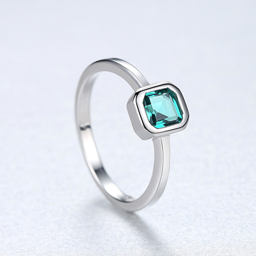 S925 Sterling Silver Princess-Cut Teal Blue Solitaire Ring with Square Bezel Setting