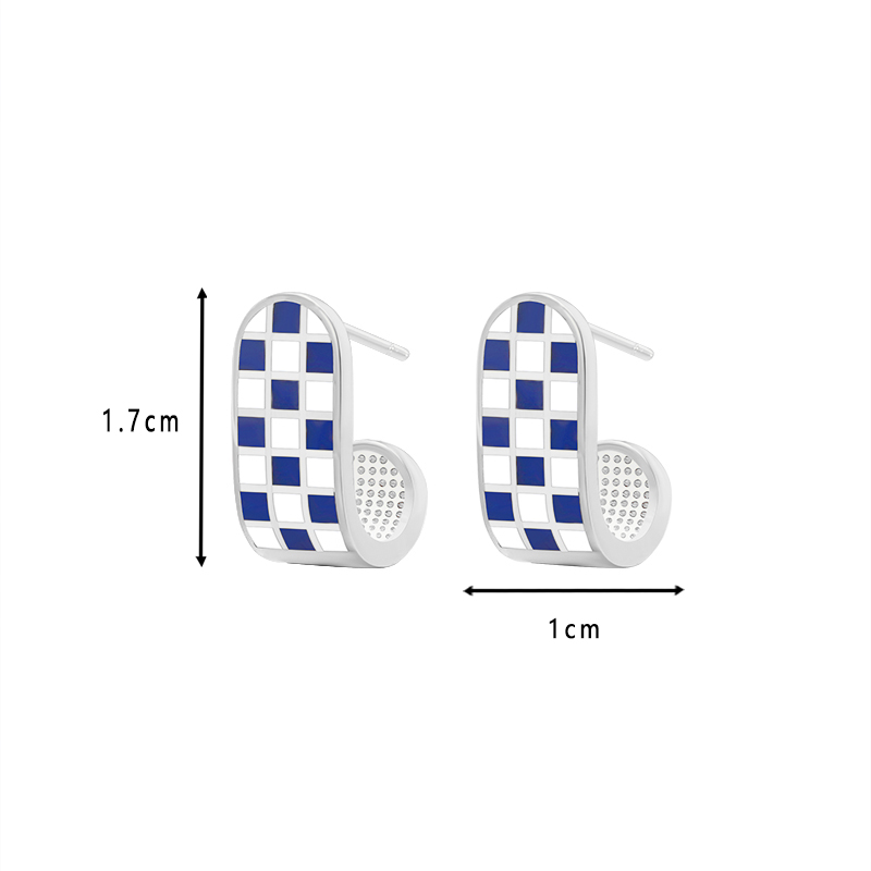 Gold-Tone Checkered U-Shaped Stud Earrings with Blue & White Grid Pattern
