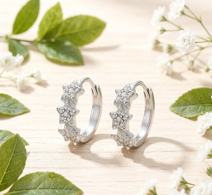 Sterling Silver Pavé Set Star Huggie Hoop Earrings