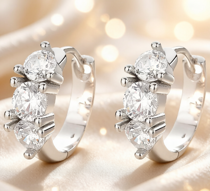 Elegant 925 Sterling Silver Triple Stone Huggie Hoop Earrings