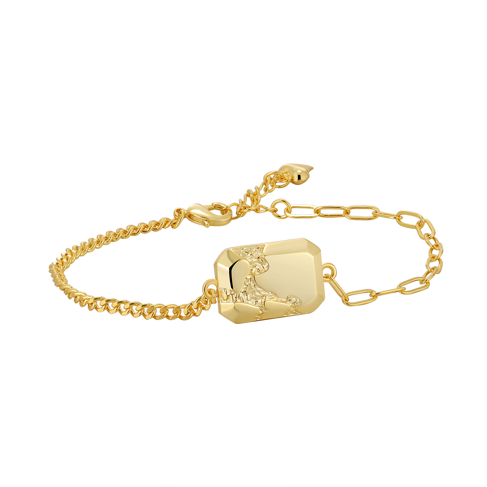 Gold-Tone Chain Bracelet with Geometric Octagonal Pendant Featuring a Textured Design