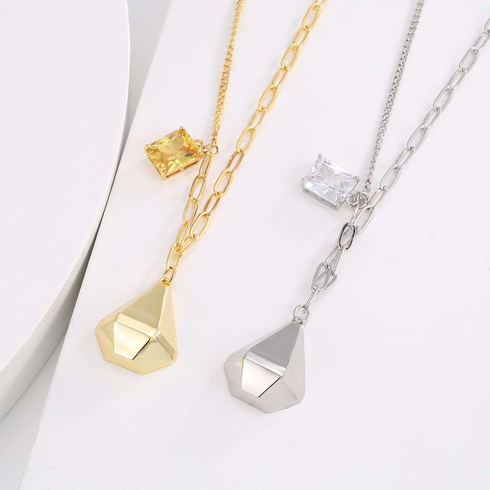 Geometric Smile Pendant Necklace with Yellow Gemstone