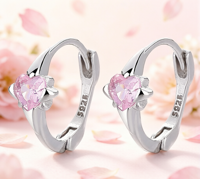 S925 Sterling Silver Pink Heart Huggie Hoop Earrings