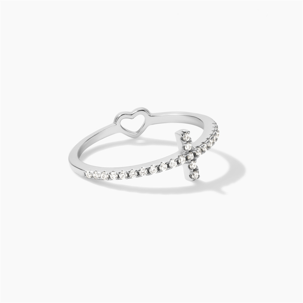 Silver Open Heart Cross Ring